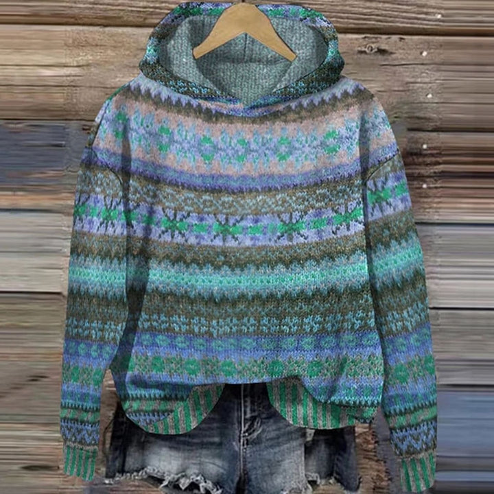 Women's Fair Isle Hooded Knitted Jumper Ethnic Pattern - Blue