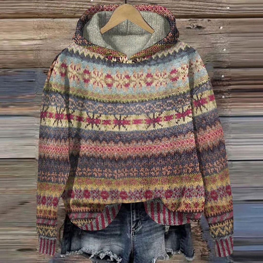 Women's Fair Isle Hooded Knitted Jumper Ethnic Pattern - Burgundy