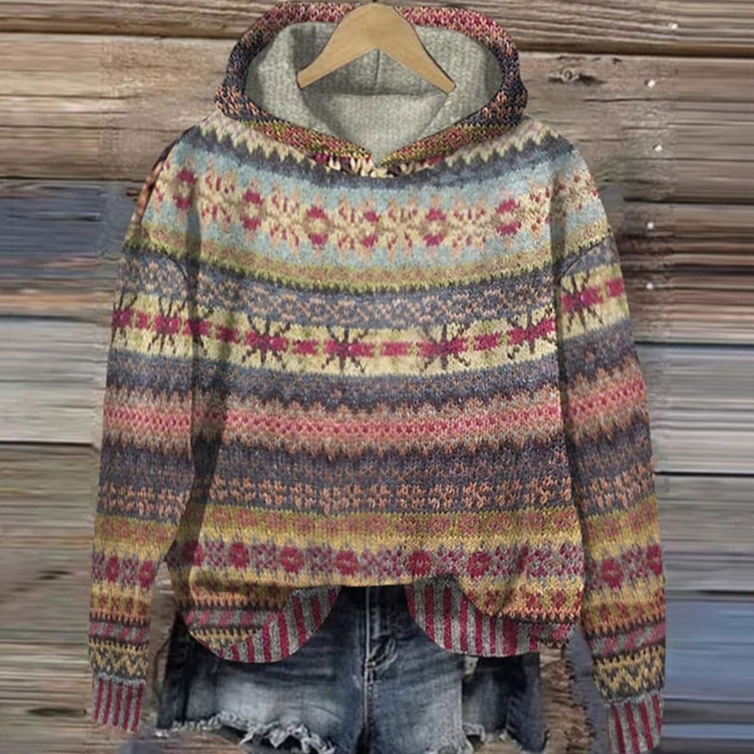 Women's Fair Isle Hooded Knitted Jumper Ethnic Retro Print - Brown