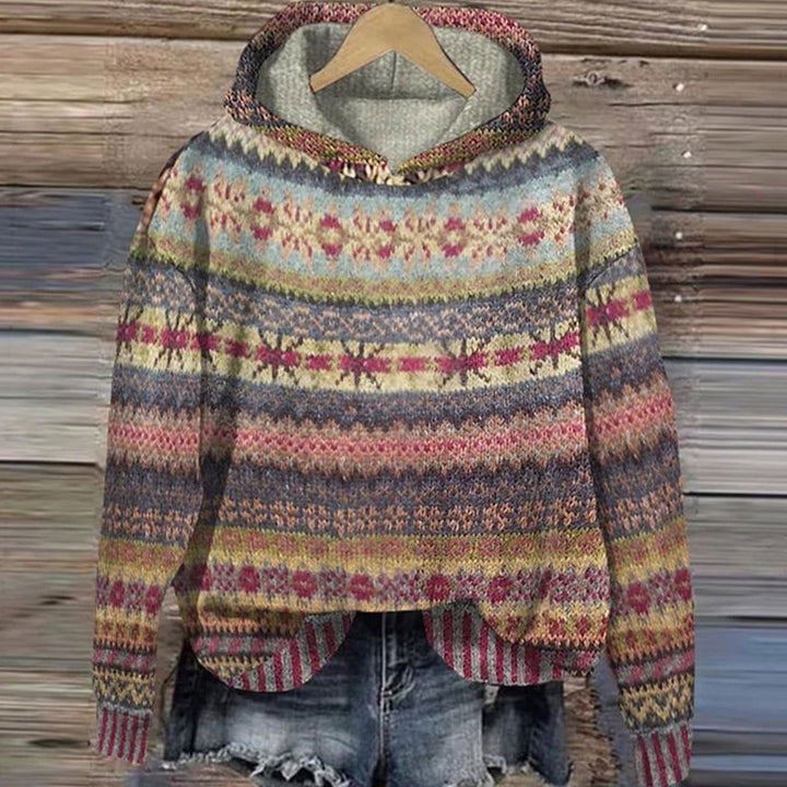 Women's Fair Isle Hooded Knitted Jumper Ethnic Retro Print - Brown