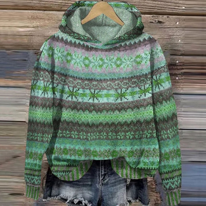 Women's Fair Isle Hooded Knitted Jumper Ethnic Retro Print - Green