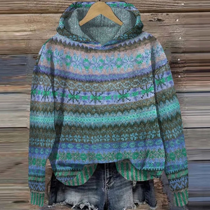 Women's Fair Isle Hooded Knitted Jumper Ethnic Retro Print - Blue