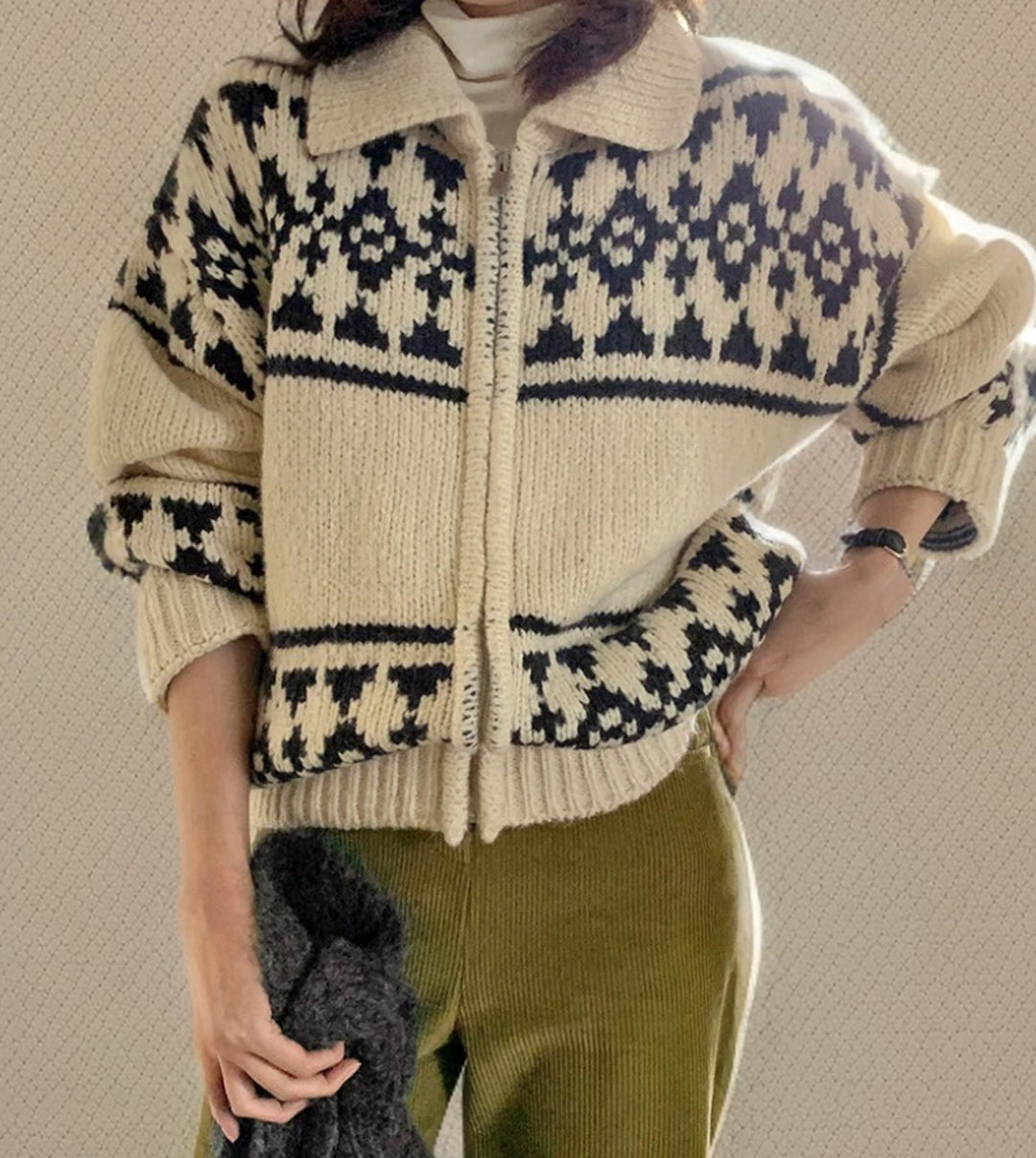 Women's Fair Isle Jacquard Button-Up Knitted Jumper - White
