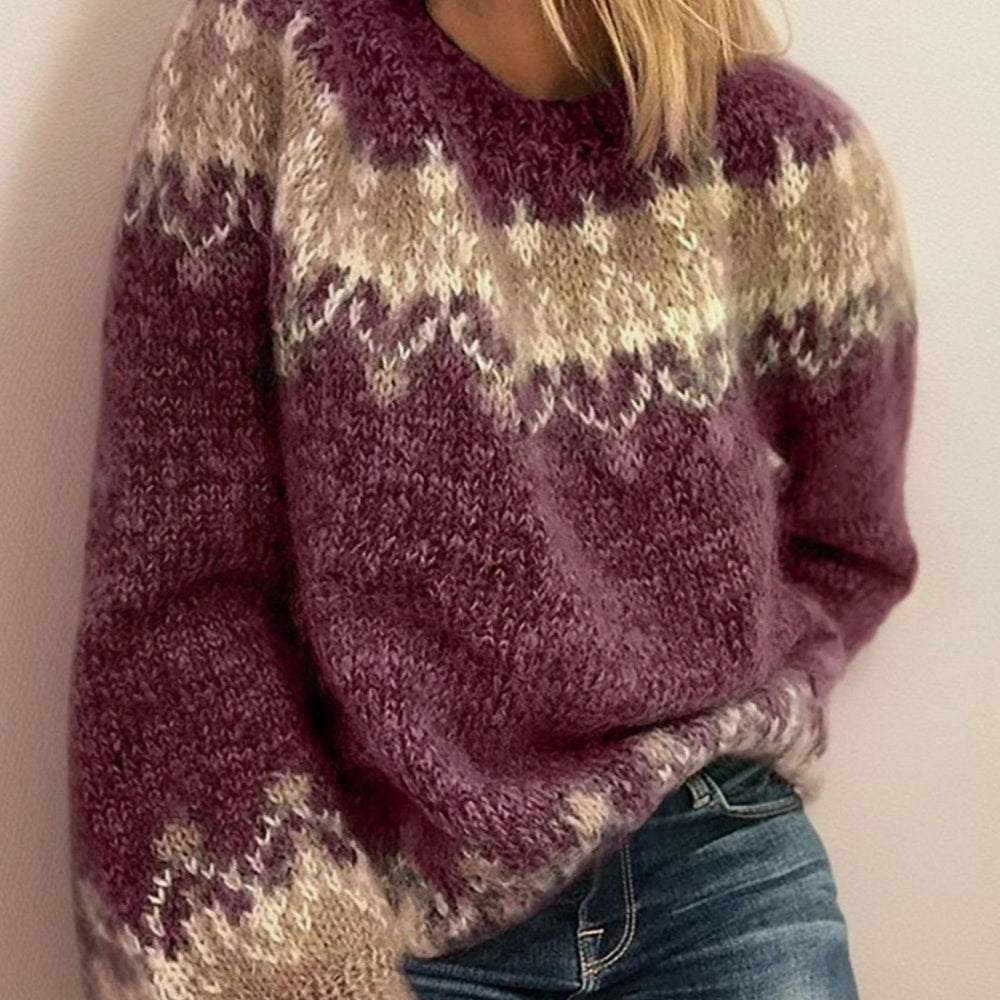 Women's Fair Isle Jacquard Knit Crew-Neck Pullover Jumper - Red
