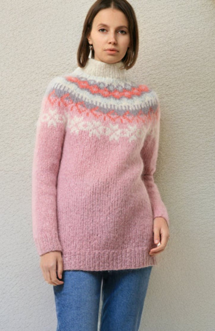 Women's Fair Isle Jacquard Turtleneck Jumper Longline Knit - Light Pink
