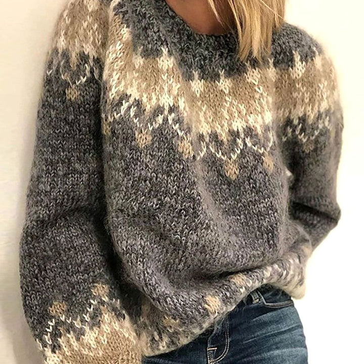 Women's Fair Isle Knitted Jumper Crew-Neck Fluffy Pullover, Grey - Grey
