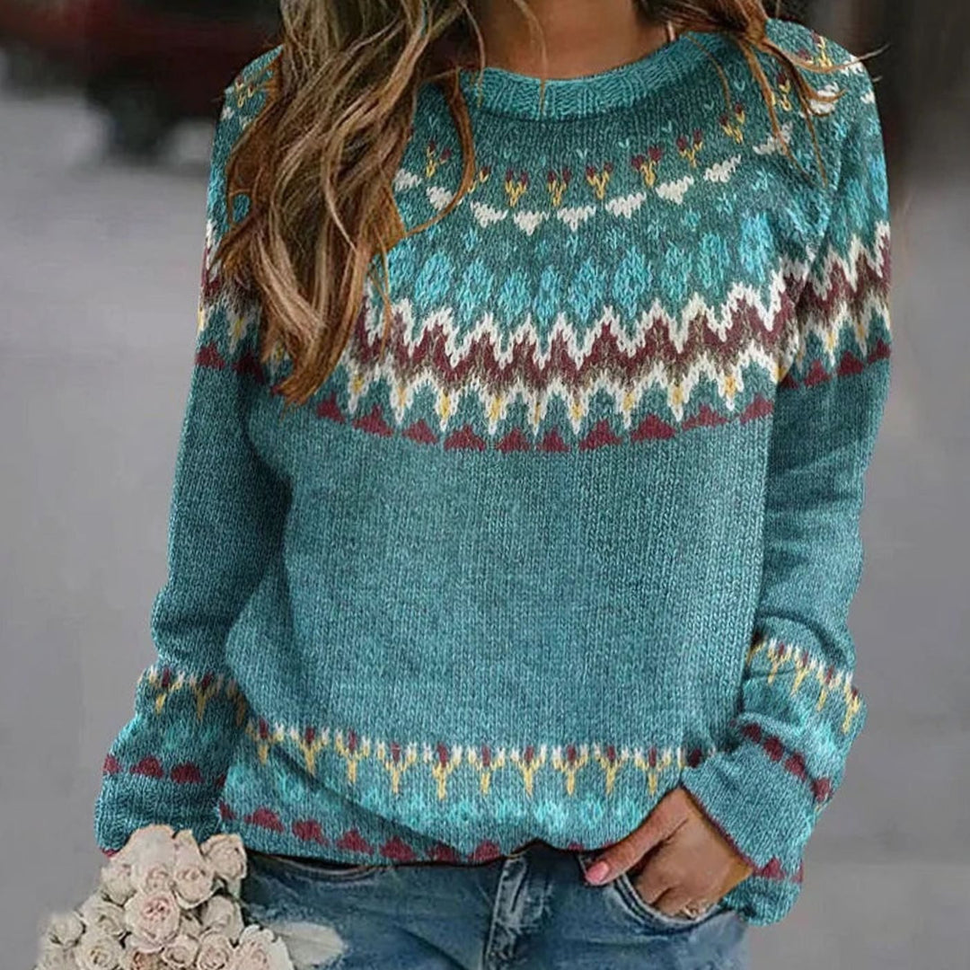 Women's Fair Isle Knitted Jumper Crew-Neck Wave Pattern Pullover - Blue