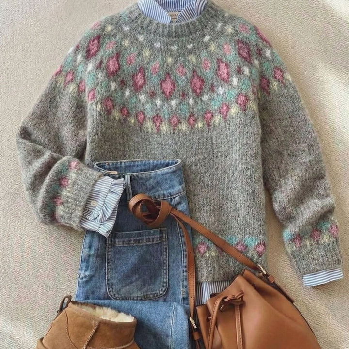 Women's Fair Isle Knitted Jumper Relaxed Crew-Neck Pullover, Grey - Soft Grey Pastel