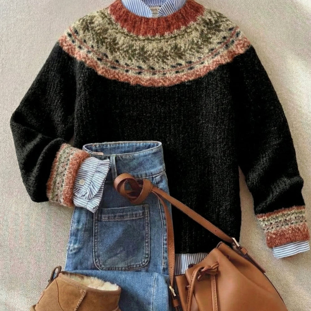 Women's Fair Isle Knitted Jumper Relaxed Crew-Neck Pullover, Grey - Black Heritage
