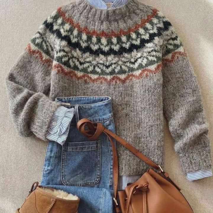 Women's Fair Isle Knitted Jumper Relaxed Crew-Neck Pullover, Grey - Light Ash Mix