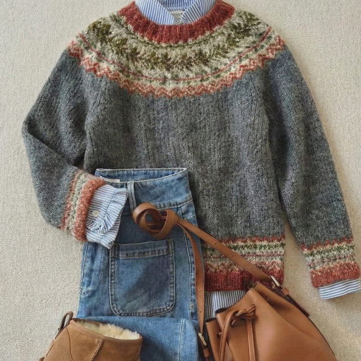 Women's Fair Isle Knitted Jumper Relaxed Crew-Neck Pullover, Grey - Stone Grey Mix