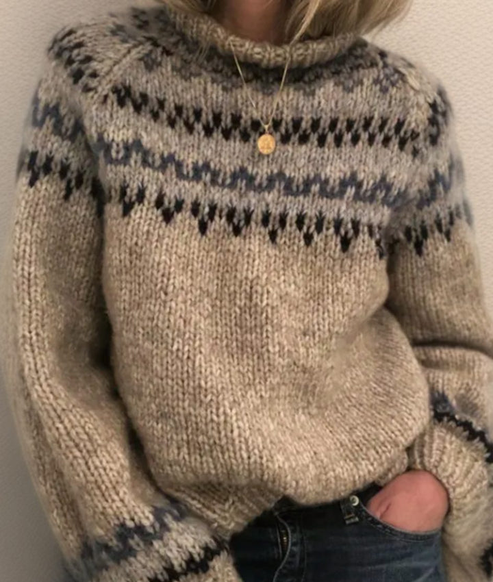 Women's Fair Isle Knitted Jumper Relaxed Crew-Neck Pullover, Oatmeal