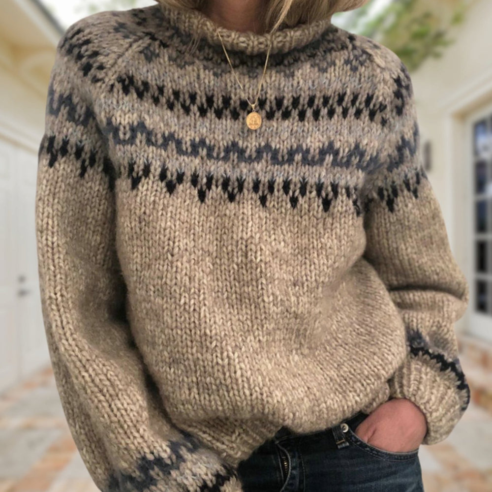 Women's Fair Isle Knitted Jumper Relaxed Crew-Neck Pullover, Oatmeal