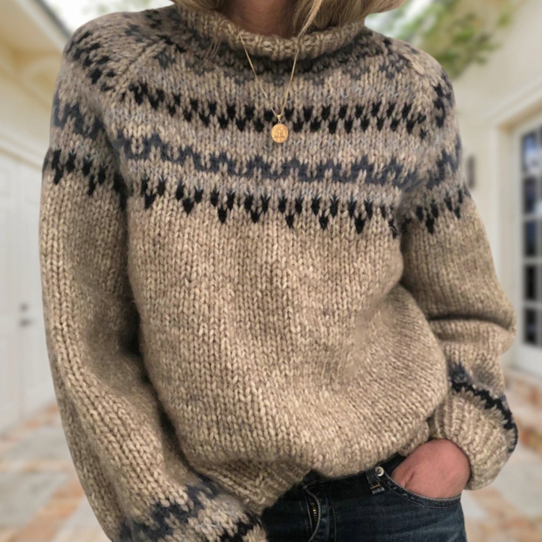 Women's Fair Isle Knitted Jumper Relaxed Crew-Neck Pullover, Oatmeal