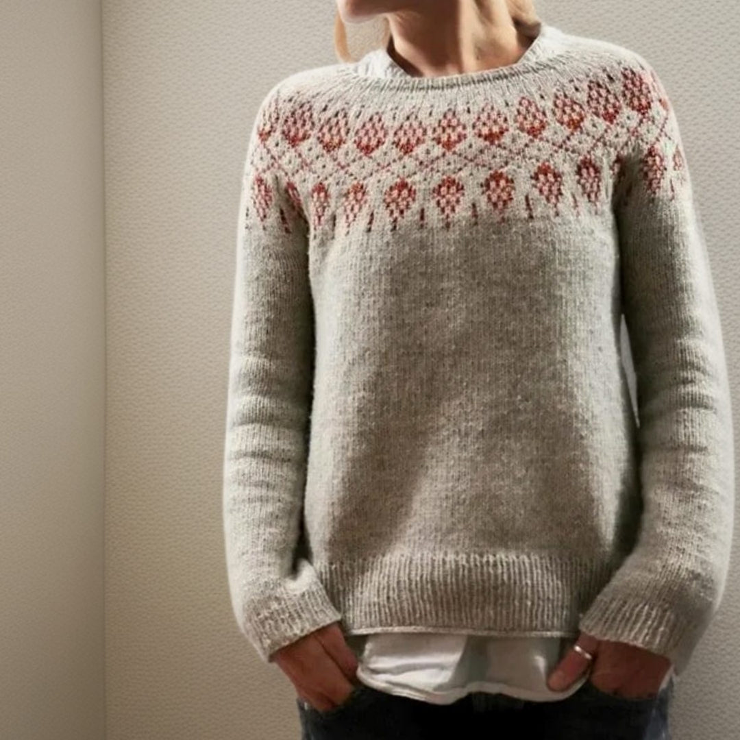 Women's Fair Isle Knitted Jumper Relaxed Crew-Neck Pullover Stylischer - Grey
