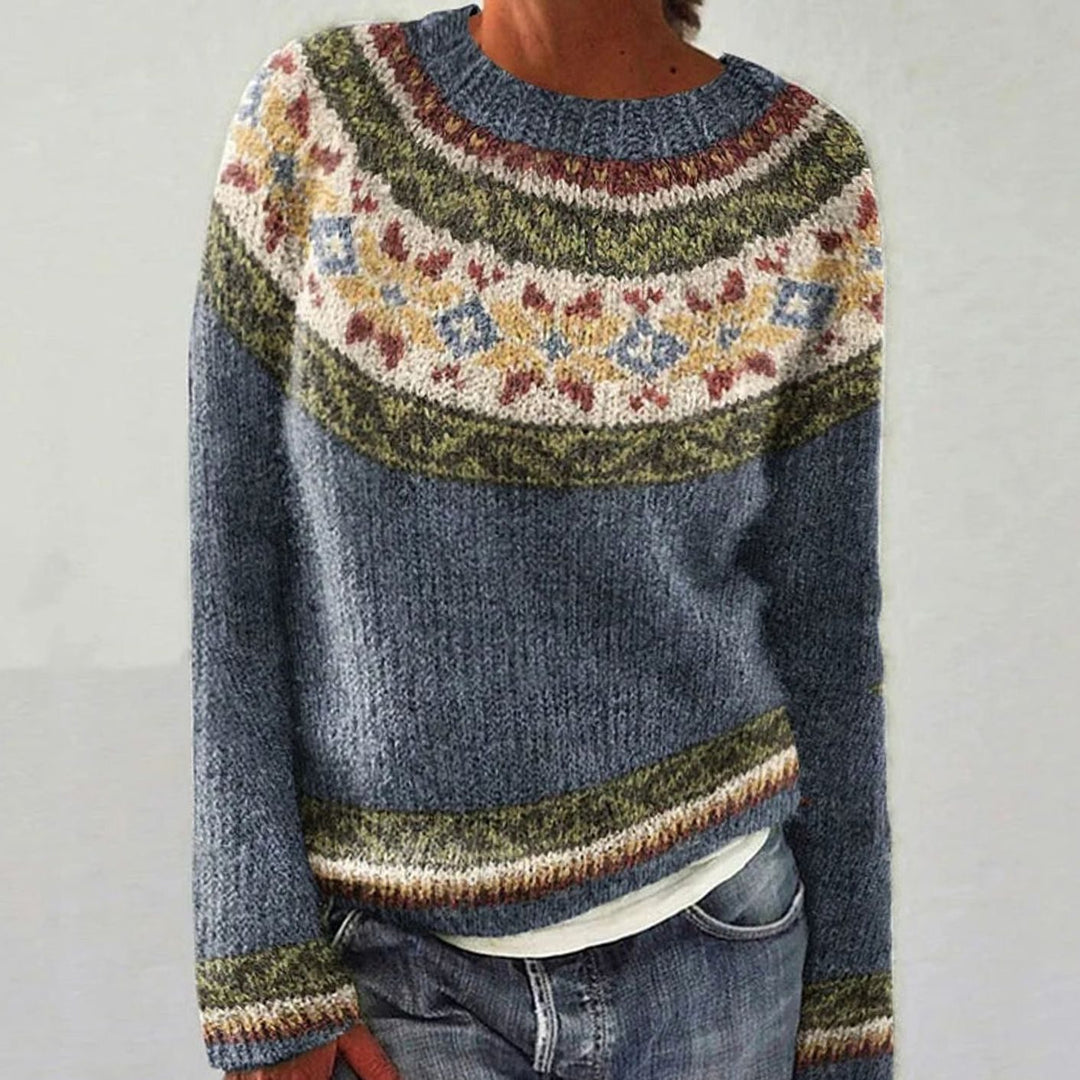 Women's Fair Isle Knitted Jumper Round Neck Long Sleeve - Blue