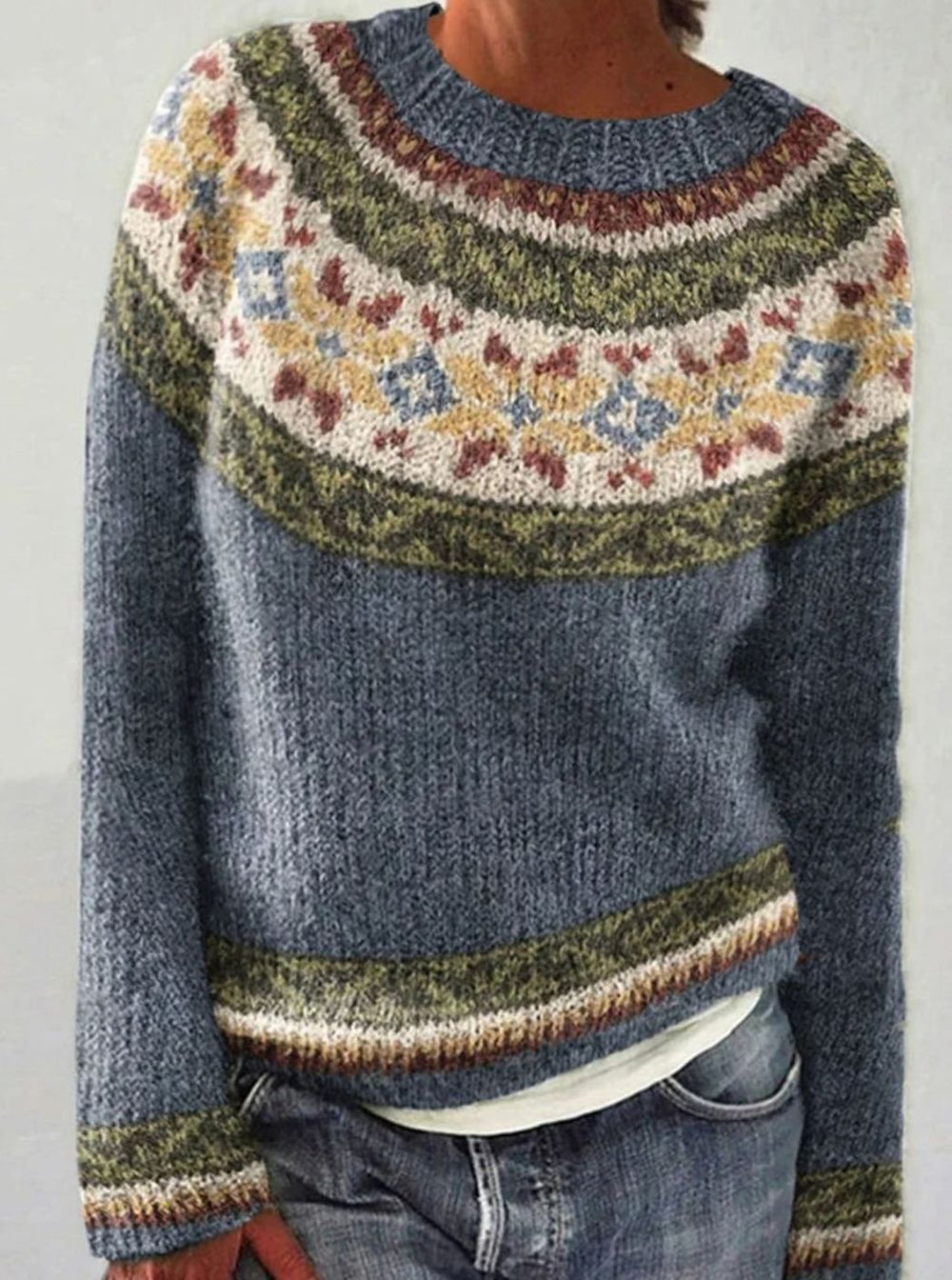 Women's Fair Isle Knitted Jumper Round Neck Long Sleeve