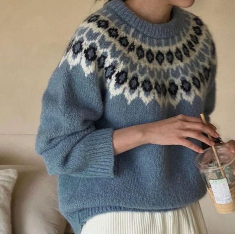 Women's Fair Isle Knitted Jumper Round Neck Oversized Pullover
