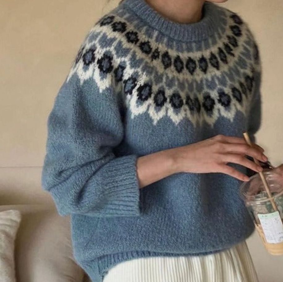 Women's Fair Isle Knitted Jumper Round Neck Oversized Pullover - Blue