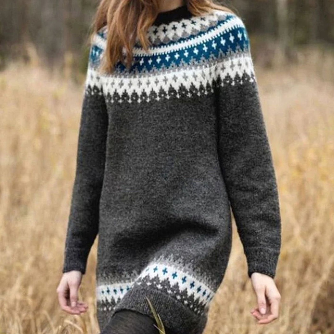 Women's Fair Isle Longline Knitted Jumper Dress - Grey