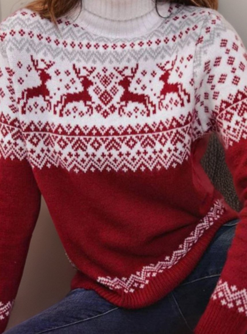 Women's Fair Isle Reindeer Turtleneck Knitted Jumper - Red