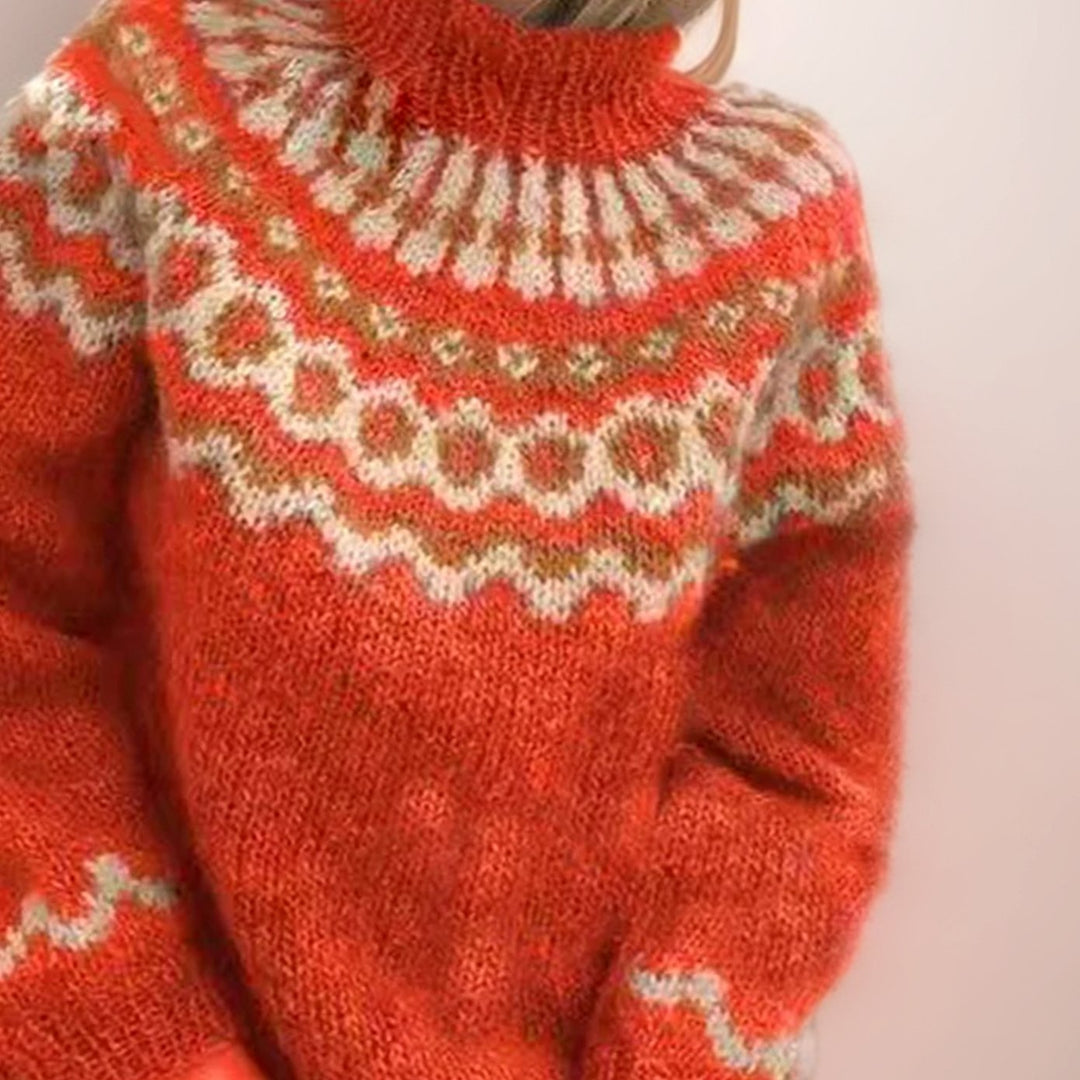 Women's Fair Isle Roll-Neck Chunky Knitted Jumper - Orange