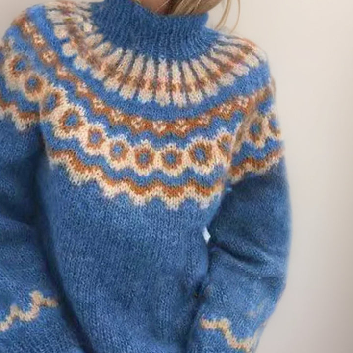 Women's Fair Isle Roll-Neck Chunky Knitted Jumper - Blue