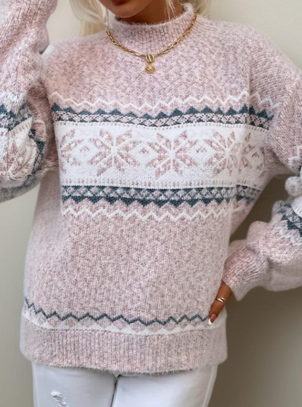 Women's Fair Isle Snowflake Knitted Jumper Long Sleeve - Light Pink