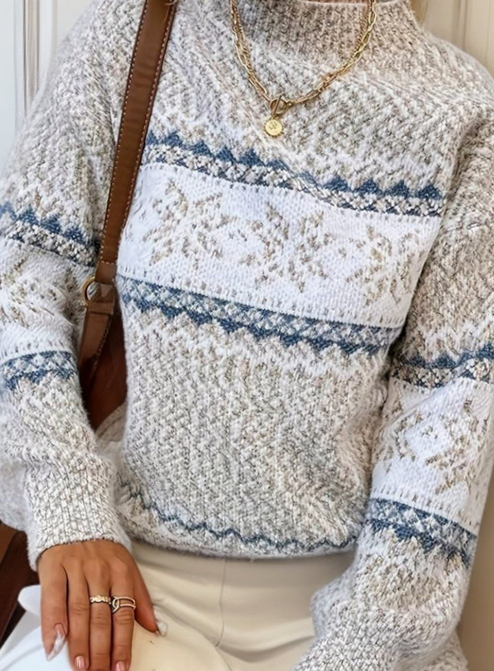 Women's Fair Isle Snowflake Knitted Jumper Long Sleeve, Blue - Apricot