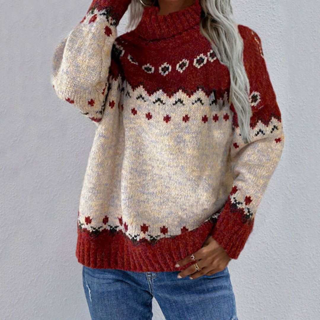 Women's Fair Isle Turtleneck Jumper Cosy Knit Pullover - Red