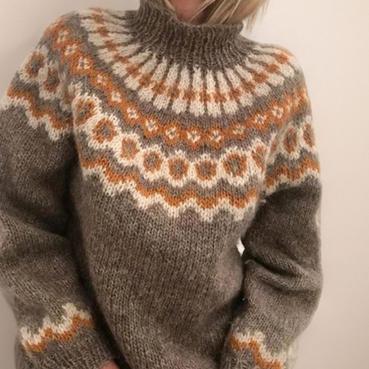 Women's Fair Isle Turtleneck Jumper Ribbed Cuff Knit Pullover - Khaki