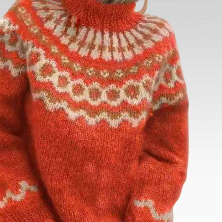Women's Fair Isle Turtleneck Jumper Ribbed Cuff Knit Pullover - Orange