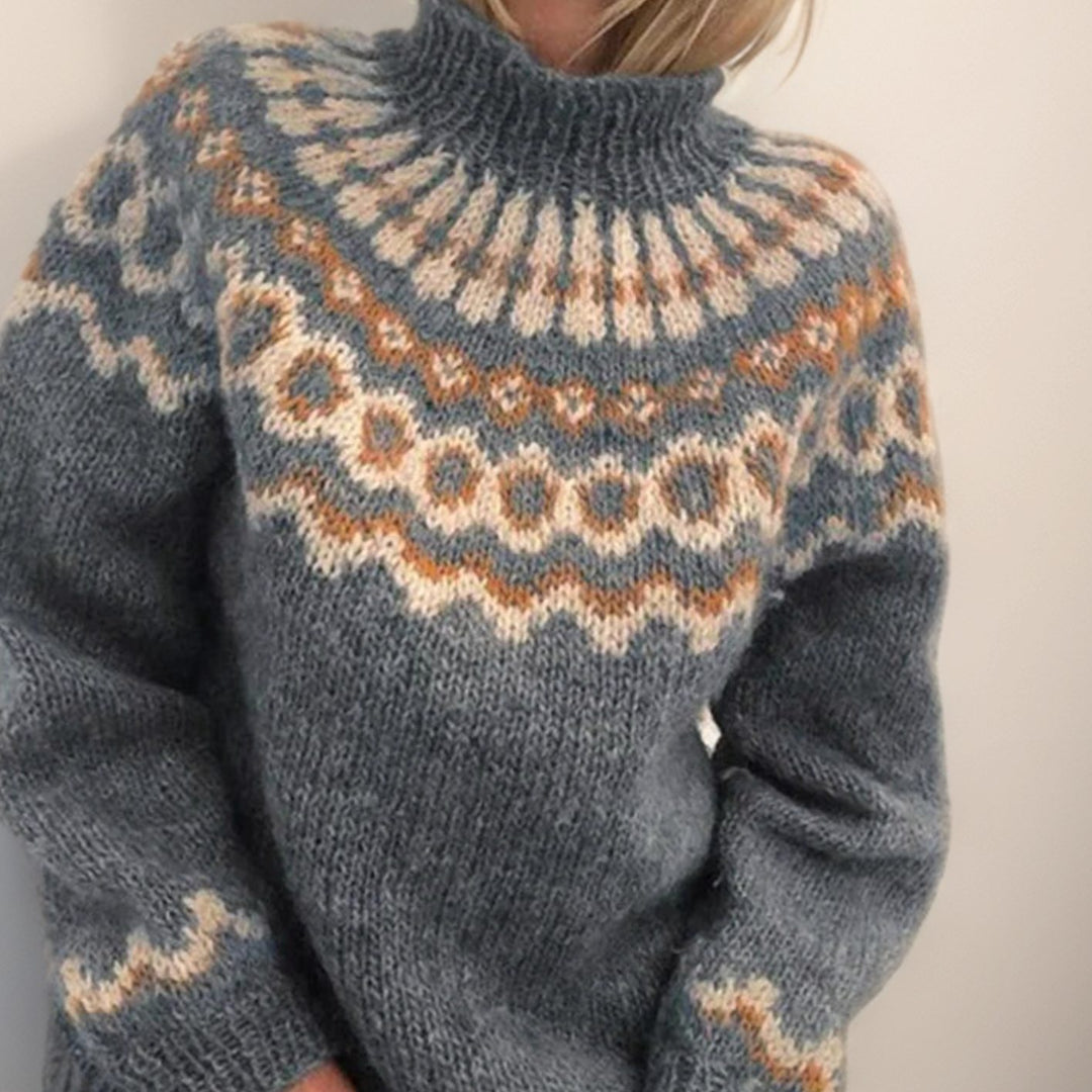 Women's Fair Isle Turtleneck Jumper Ribbed Cuff Knit Pullover - Grey