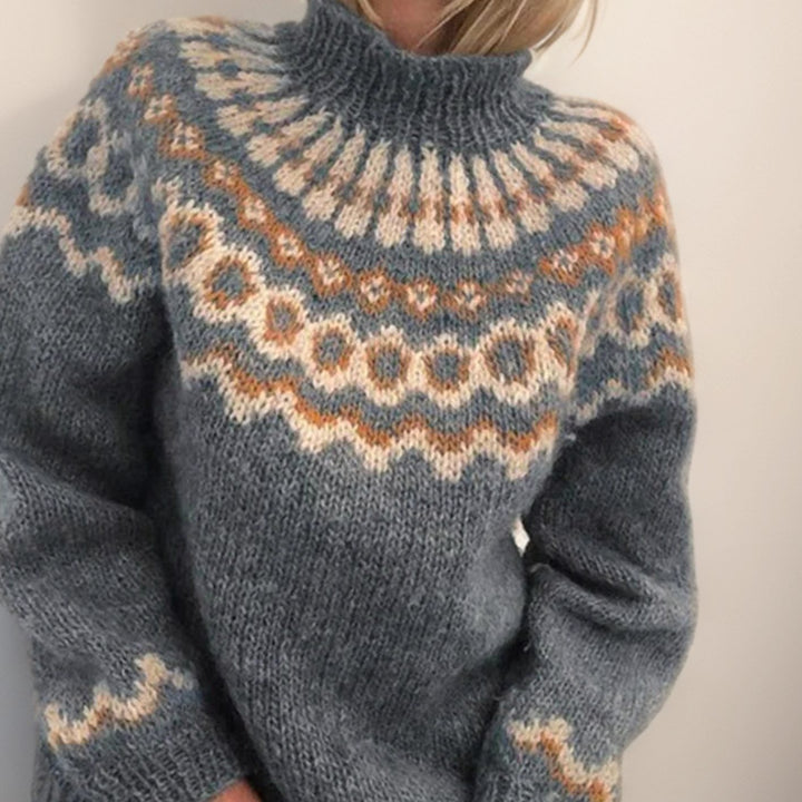Women's Fair Isle Turtleneck Jumper Ribbed Cuff Knit Pullover - Grey