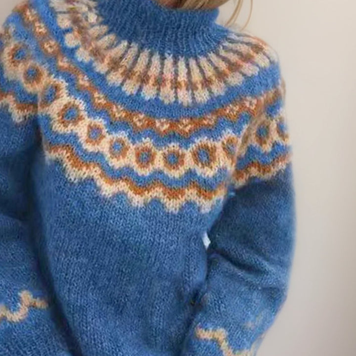 Women's Fair Isle Turtleneck Jumper Ribbed Cuff Knit Pullover - Blue