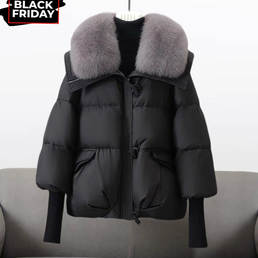 Women's Faux Fur Collar Quilted Puffer Jacket Knit Cuffs
