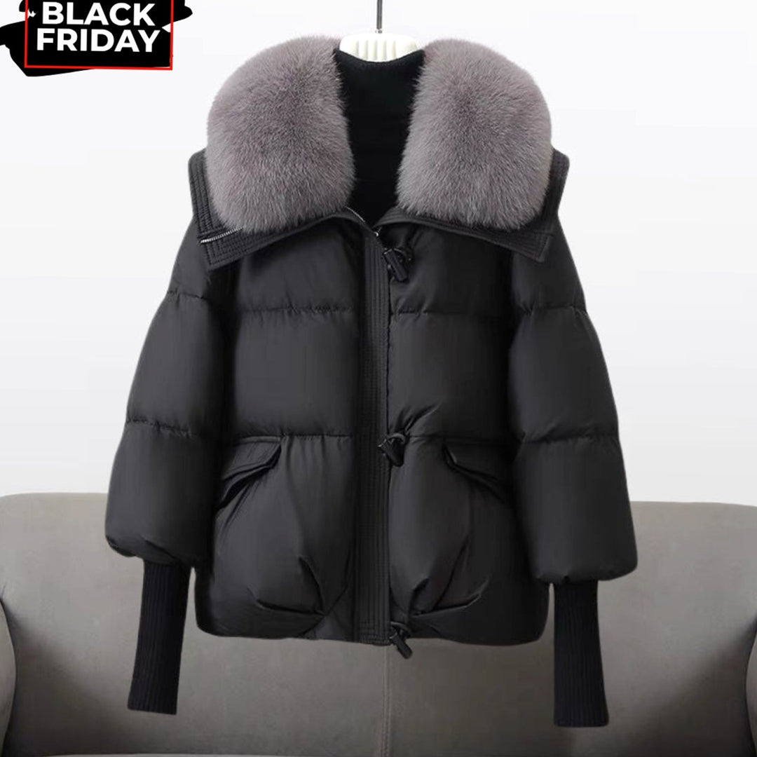 Women's Faux Fur Collar Quilted Puffer Jacket Knit Cuffs