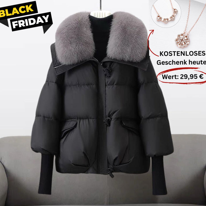 Women's Faux Fur Collar Quilted Puffer Jacket Knit Cuffs - Black