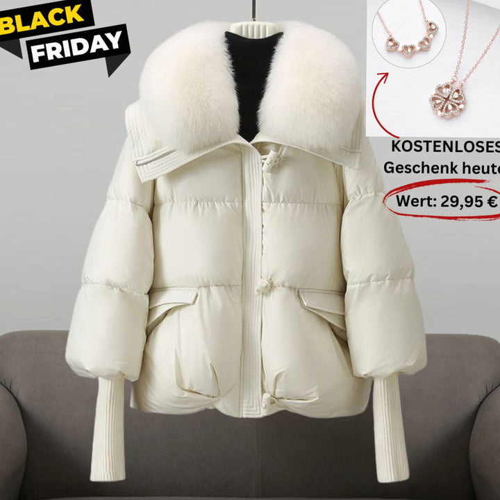 Women's Faux Fur Collar Quilted Puffer Jacket Knit Cuffs - White