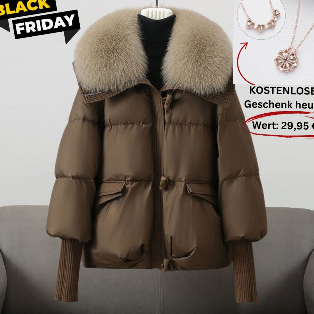 Women's Faux Fur Collar Quilted Puffer Jacket Knit Cuffs - Brown