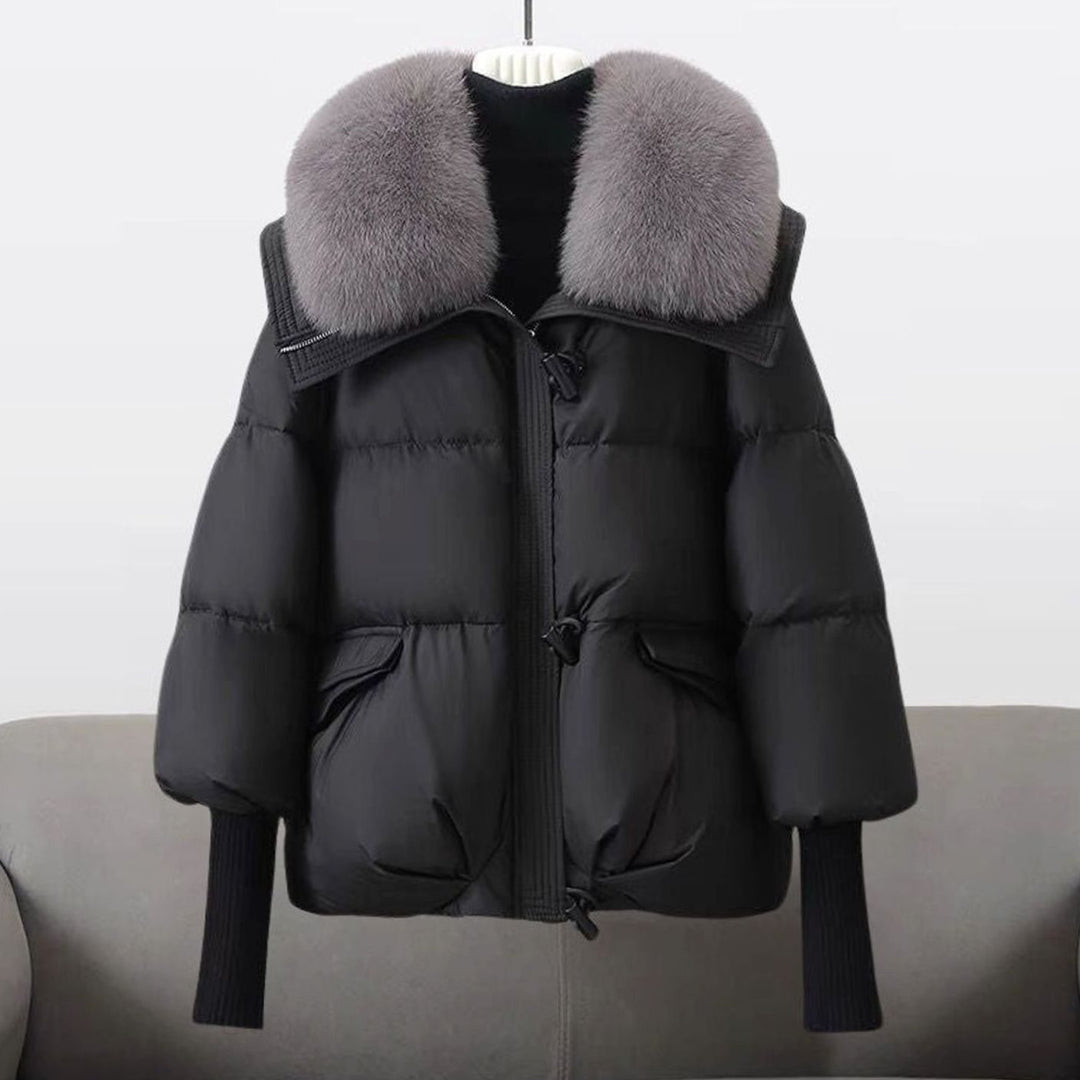 Women's Faux Fur Collar Quilted Puffer Jacket Knit Cuffs