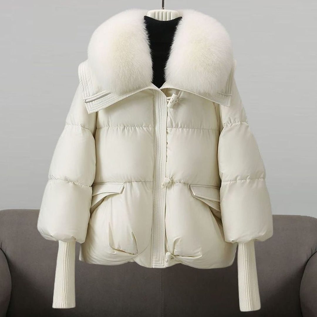 Women's Faux Fur Collar Quilted Puffer Jacket Knit Cuffs