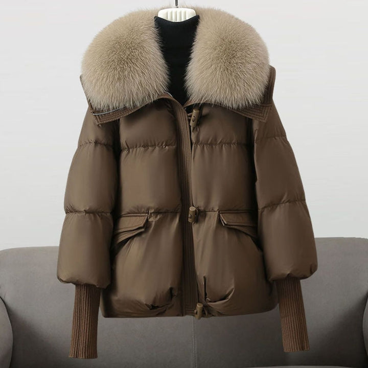 Women's Faux Fur Collar Quilted Puffer Jacket Knit Cuffs