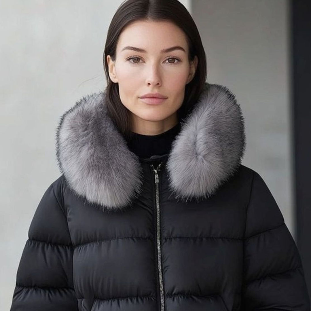 Women's Faux Fur Collar Quilted Puffer Jacket Knit Cuffs