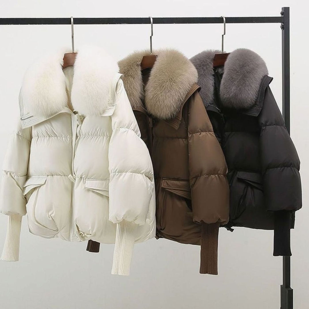 Women's Faux Fur Collar Quilted Puffer Jacket Knit Cuffs