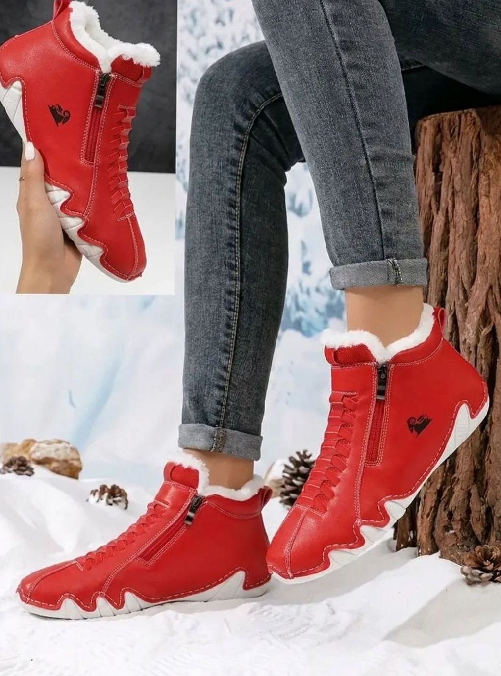 Women's Faux-Fur Lined Wide-Fit Zip-Up Winter Ankle Boots - Red