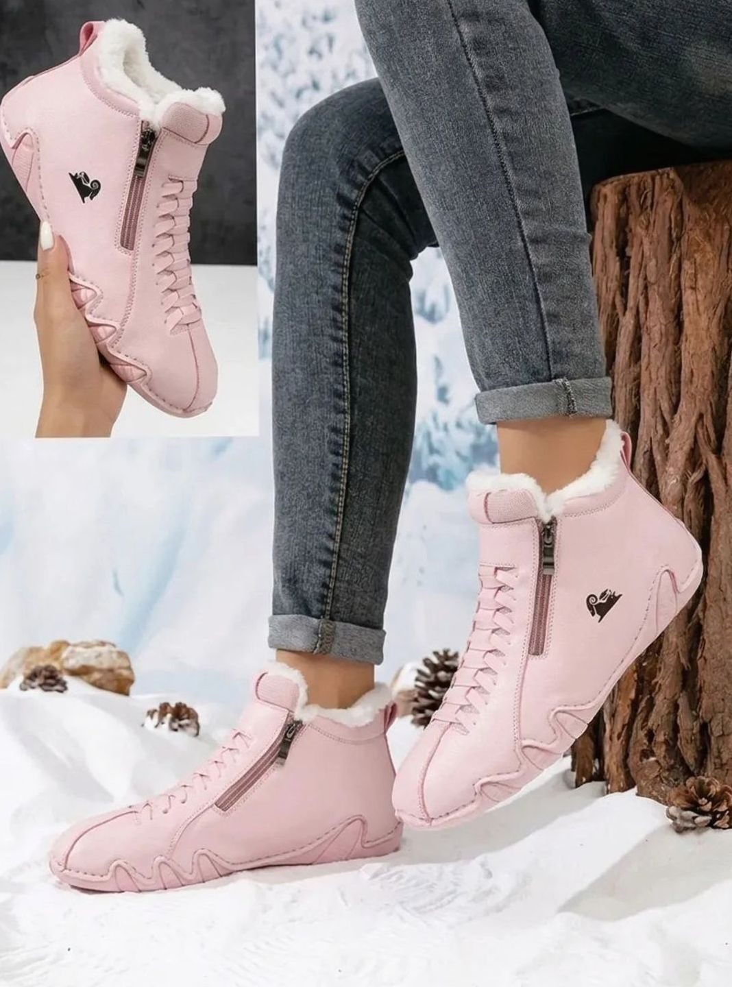 Women's Faux-Fur Lined Wide-Fit Zip-Up Winter Ankle Boots - Pink