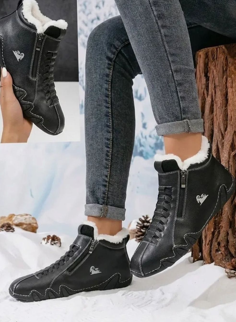 Women's Faux-Fur Lined Wide-Fit Zip-Up Winter Ankle Boots - Black