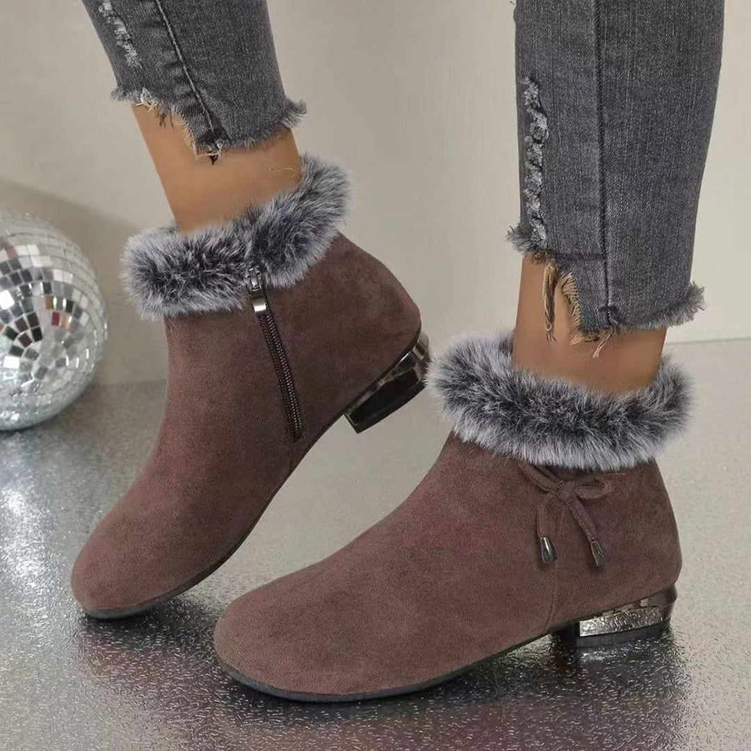 Women's Faux-Fur Trim Suede Low-Heel Ankle Boots - Brown