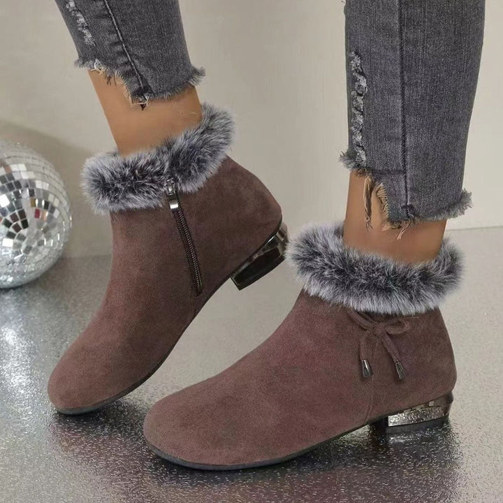 Women's Faux-Fur Trim Suede Low-Heel Ankle Boots - Brown